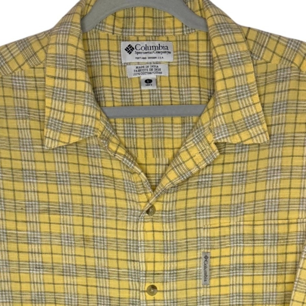 Columbia Button Up Shirt Mens L Yellow Plaid Short Sleeve Cotton Hiking Casual